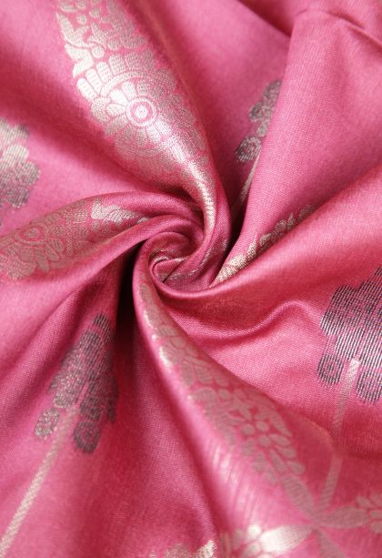 Bubblegum Pink Tussar Saree with Silver Zari Floral Patterns