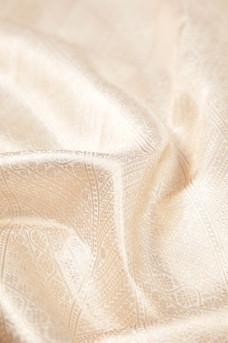 Cream White Kanchipuram Silk Sarees with Gold Zari Floral Patterns view 4