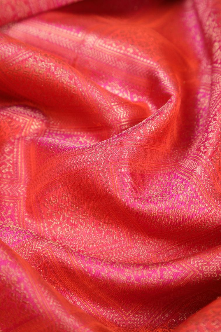 Strawberry Pink Kanchipuram Silk Sarees with Gold Zari Floral Patterns view 4