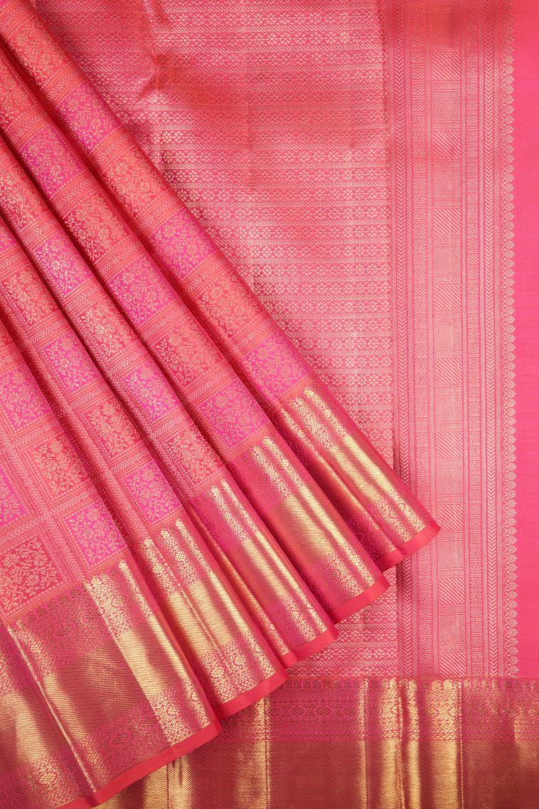 Strawberry Pink Kanchipuram Silk Sarees with Gold Zari Floral Patterns view 1