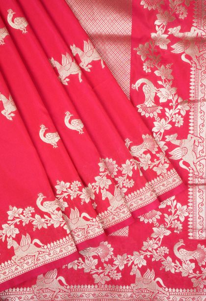 Strawberry Pink Banaras Sarees with Gold Zari Buttis (small Dots Or Motifs)