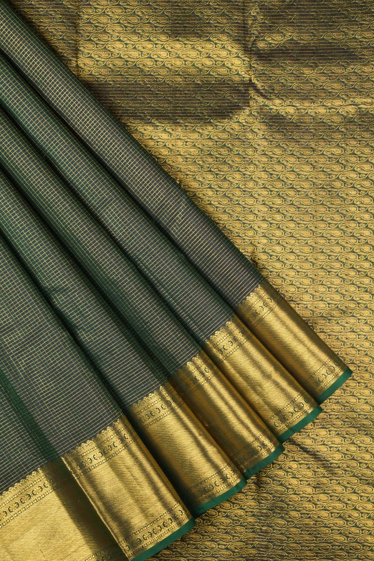 Basil Green Kanchipuram Silk Sarees with Gold Zari Checks view 1