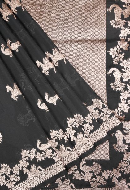 Asphalt Black Banaras Sarees with Gold Zari Buttis (small Dots Or Motifs)