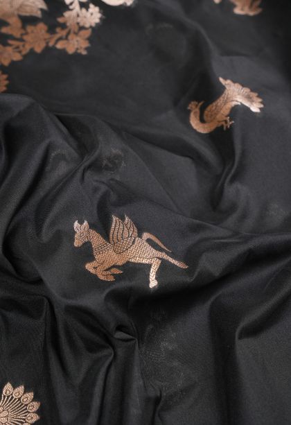Asphalt Black Banaras Sarees with Gold Zari Buttis (small Dots Or Motifs)