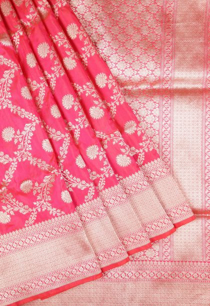 Strawberry Pink Banaras Silk Saree with Gold Zari Floral Patterns
