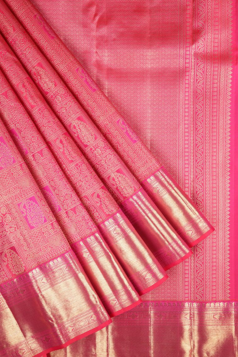 Strawberry Pink Kanchipuram Silk Sarees with Gold Zari Floral Patterns view 1