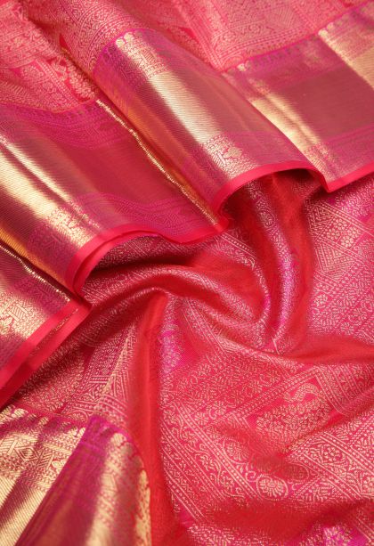 Strawberry Pink Kanchipuram Silk Sarees with Gold Zari Floral Patterns
