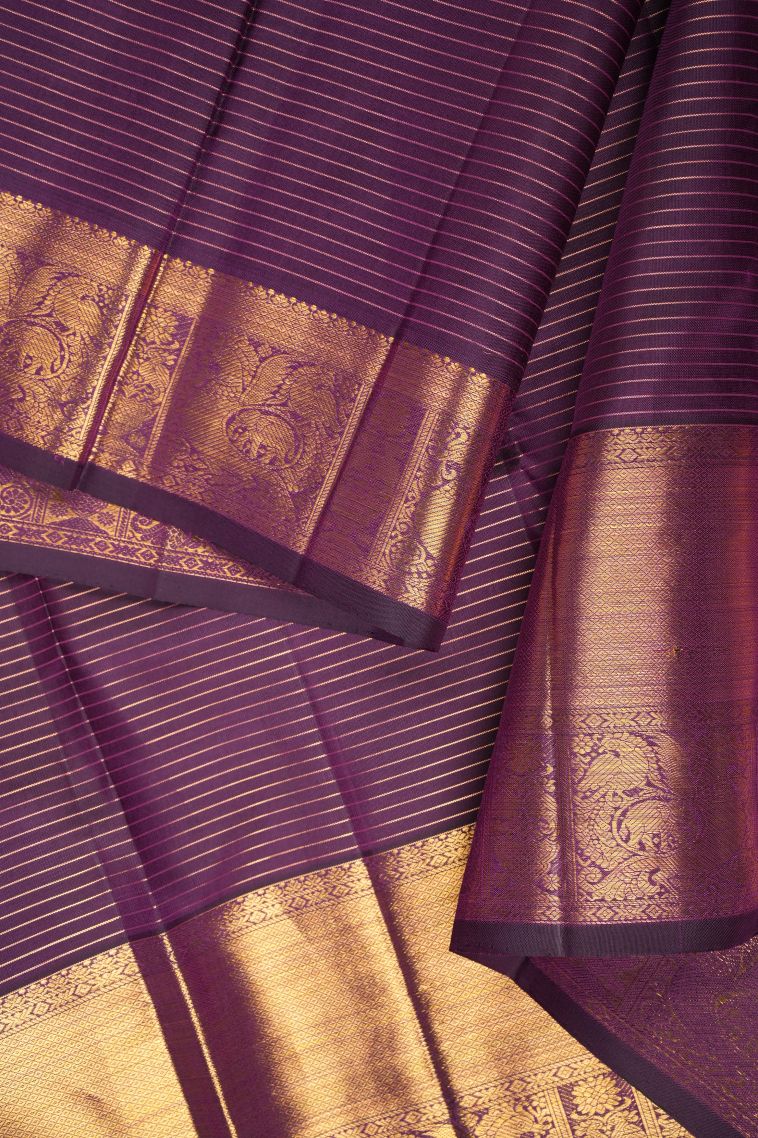 Bosenberry Purple Kanchipuram Silk Sarees with Gold Zari Checks view 3