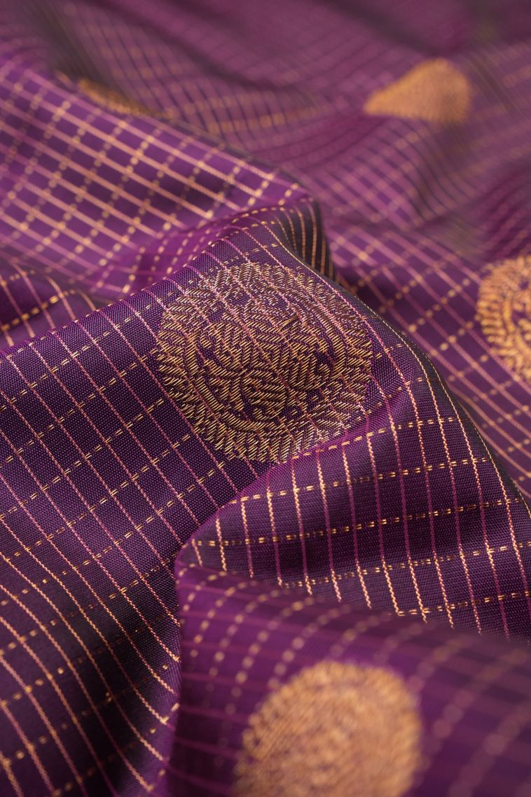 Bosenberry Purple Kanchipuram Silk Sarees with Gold Zari Checks view 4