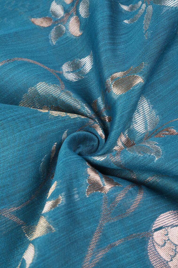 Cerulean Blue Tussar Saree with Silver Zari Floral Patterns view 4