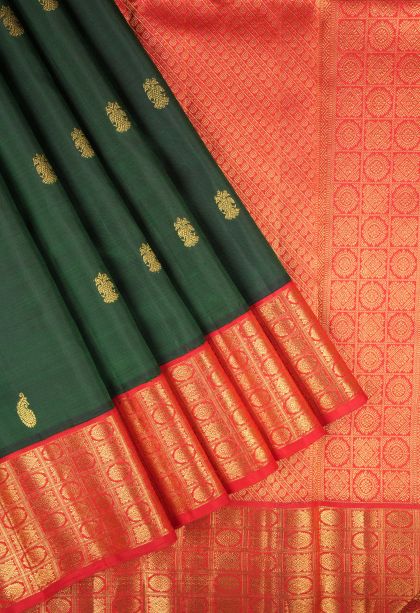 Basil Green Kanchipuram Silk Sarees with Gold Zari Buttis (small Dots Or Motifs)