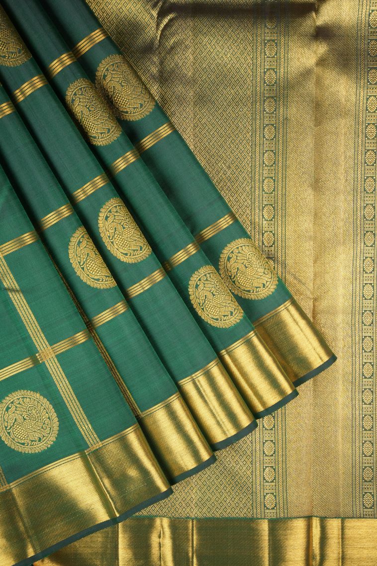 Bottle Green Kanchipuram Silk Sarees with Gold Zari Checks view 1