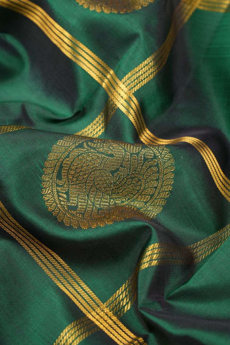 Bottle Green Kanchipuram Silk Sarees with Gold Zari Checks view 4