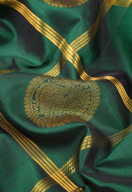 Bottle Green Kanchipuram Silk Sarees with Gold Zari Checks