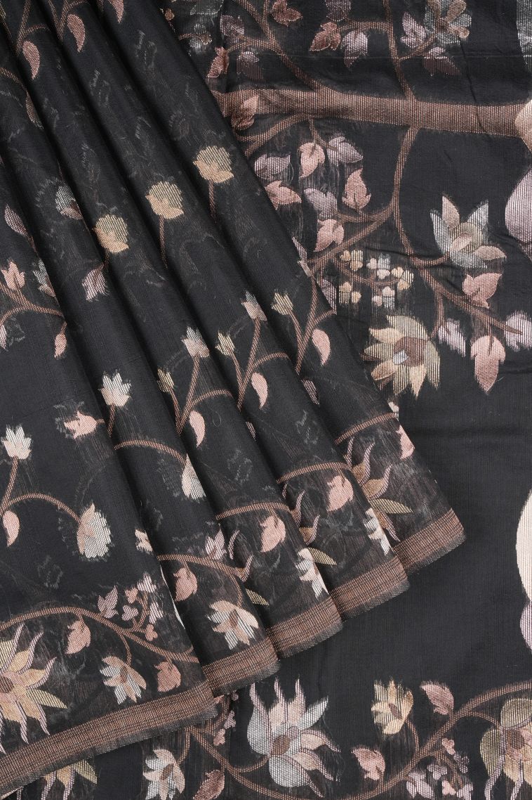 Asphalt Black Tussar Saree with Silver Zari Floral Patterns view 1