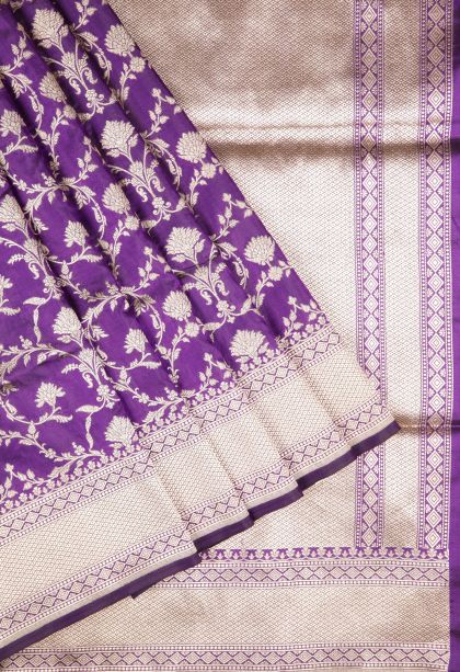 Viola Purple Banaras Silk Saree with Gold Zari Floral Patterns