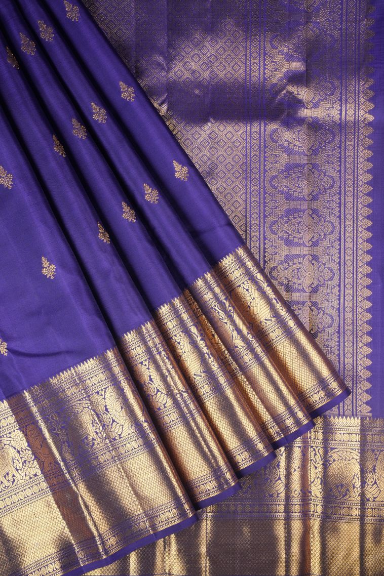 Navy Blue Kanchipuram Silk Sarees with Gold Zari Buttis (small Dots Or Motifs) view 1