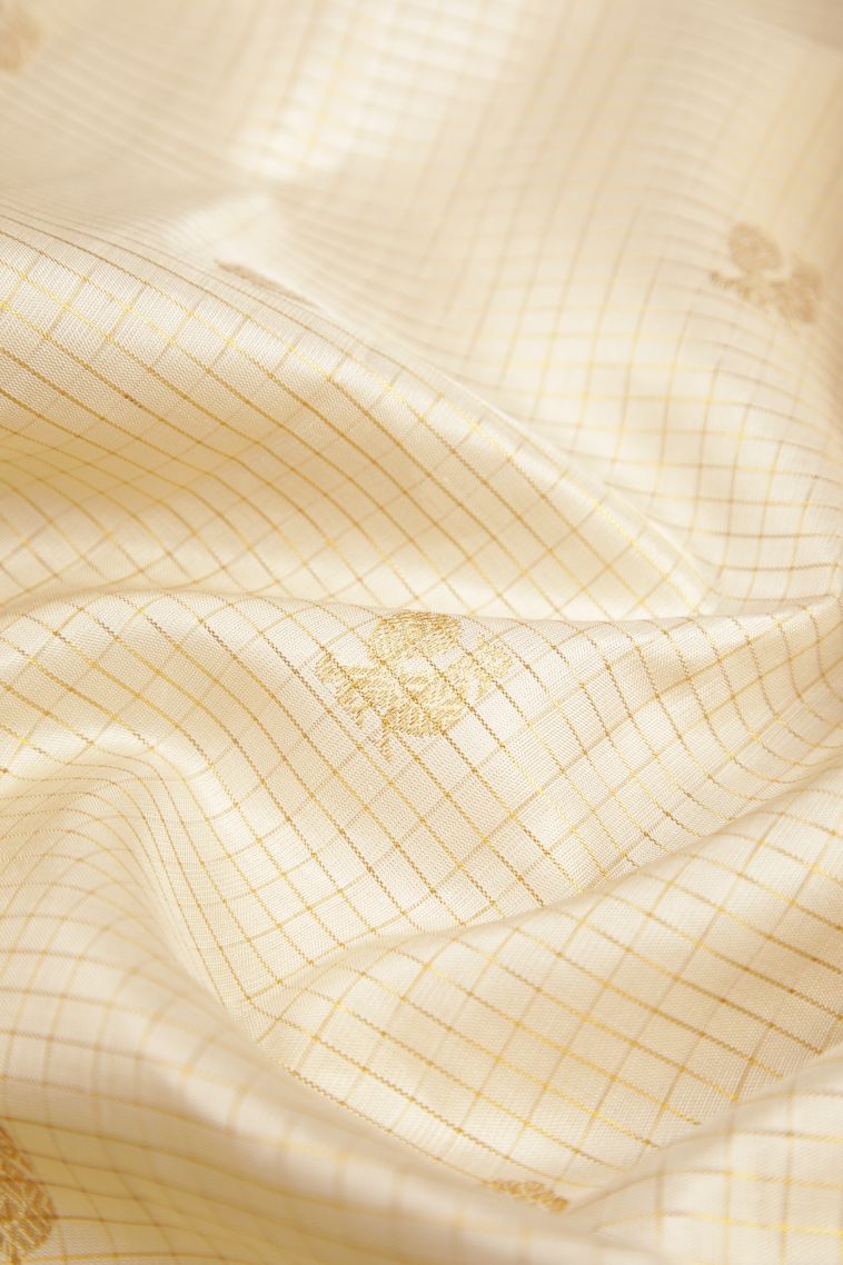 Coconut White Kanchipuram Silk Sarees with Gold Zari Checks view 4