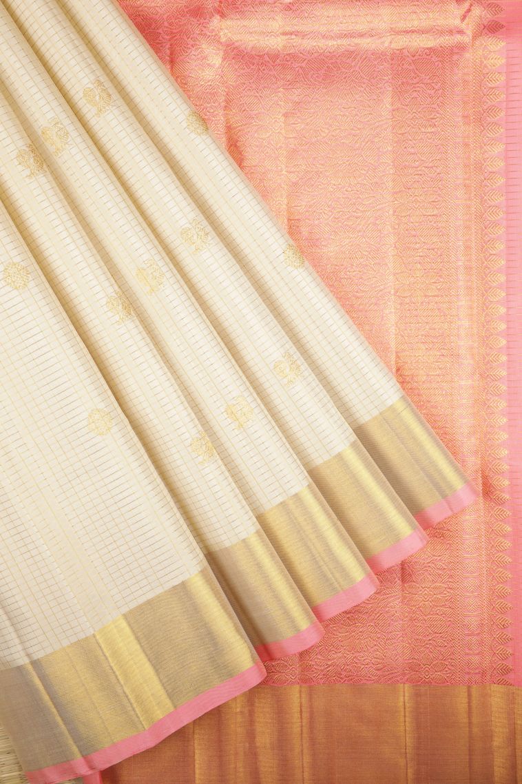 Coconut White Kanchipuram Silk Sarees with Gold Zari Checks view 1