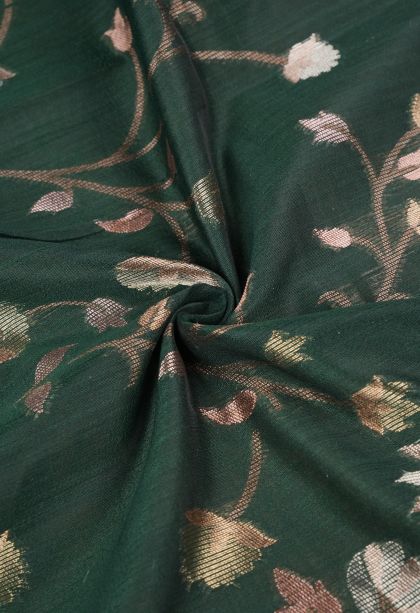 Basil Green Tussar Saree with Silver Zari Floral Patterns