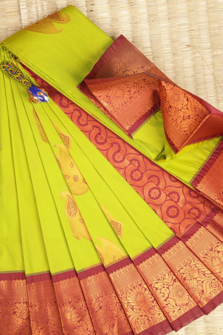 Lime Green Visiri Madippu Silk Sarees with Copper Zari Buttis (small Dots Or Motifs) view 1