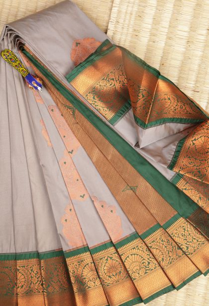 Gray Black Visiri Madippu Silk Sarees with Copper Zari Buttis (small Dots Or Motifs)