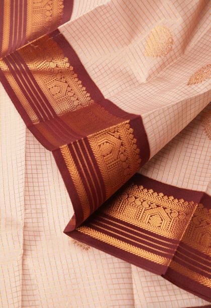 Crepe Pink Visiri Madippu Silk Sarees with Copper Zari Checks