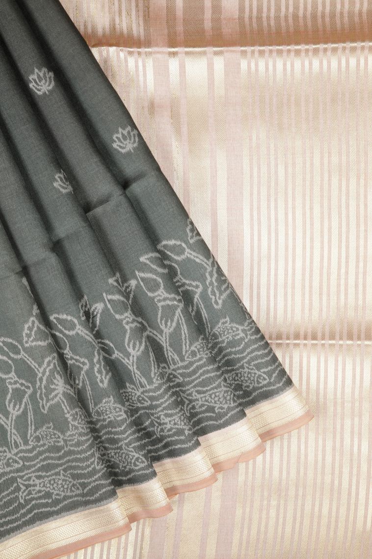 Eel Black Tussar Saree with Bronze Zari Buttis (small Dots Or Motifs) view 1
