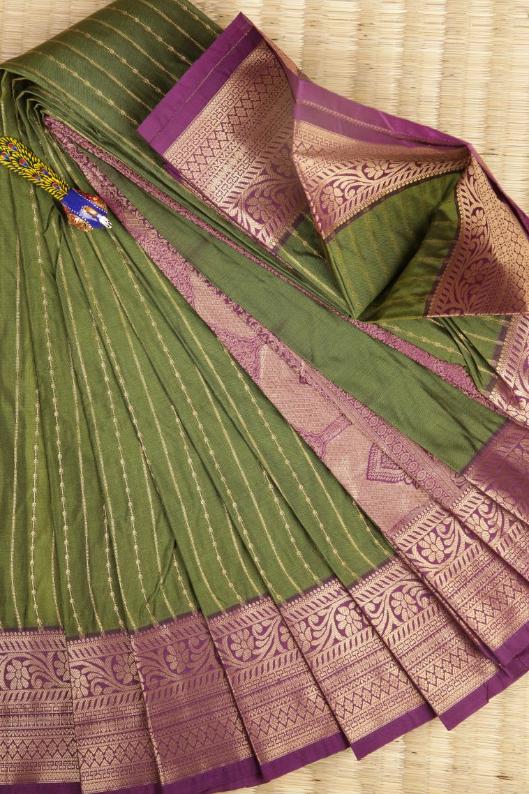 Basil Green Visiri Madippu Silk Sarees with Copper Zari Stripes view 1