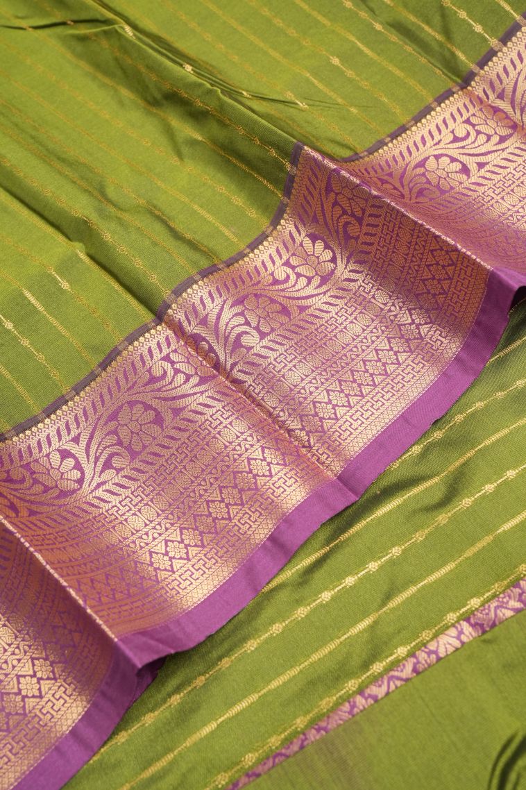 Basil Green Visiri Madippu Silk Sarees with Copper Zari Stripes view 4