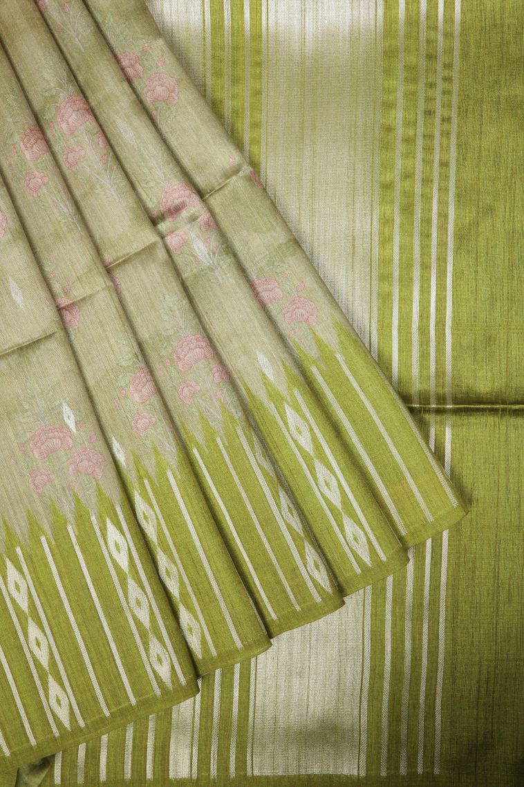 Lime Green Tussar Saree with Without Zari Zari Floral Patterns view 1