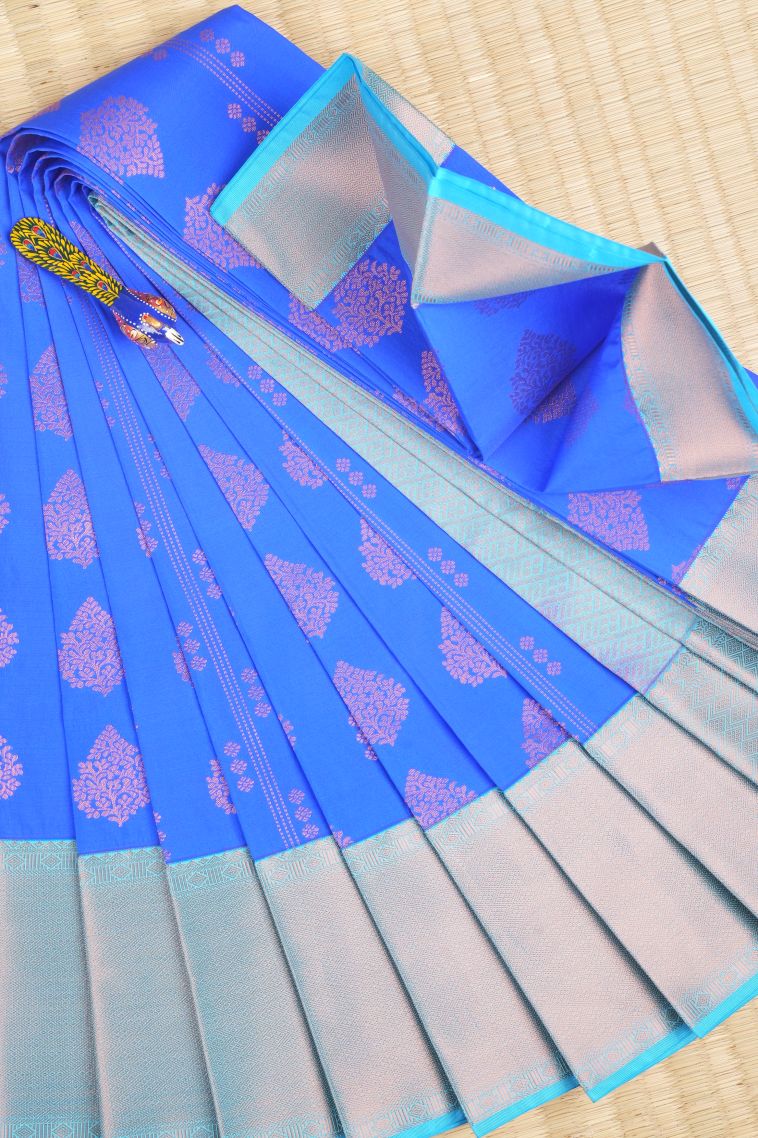 Lapis Blue Visiri Madippu Silk Sarees with Copper Zari Buttis (small Dots Or Motifs) view 1