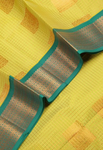 Chartreuse Green Visiri Madippu Silk Sarees with Copper Zari Checks
