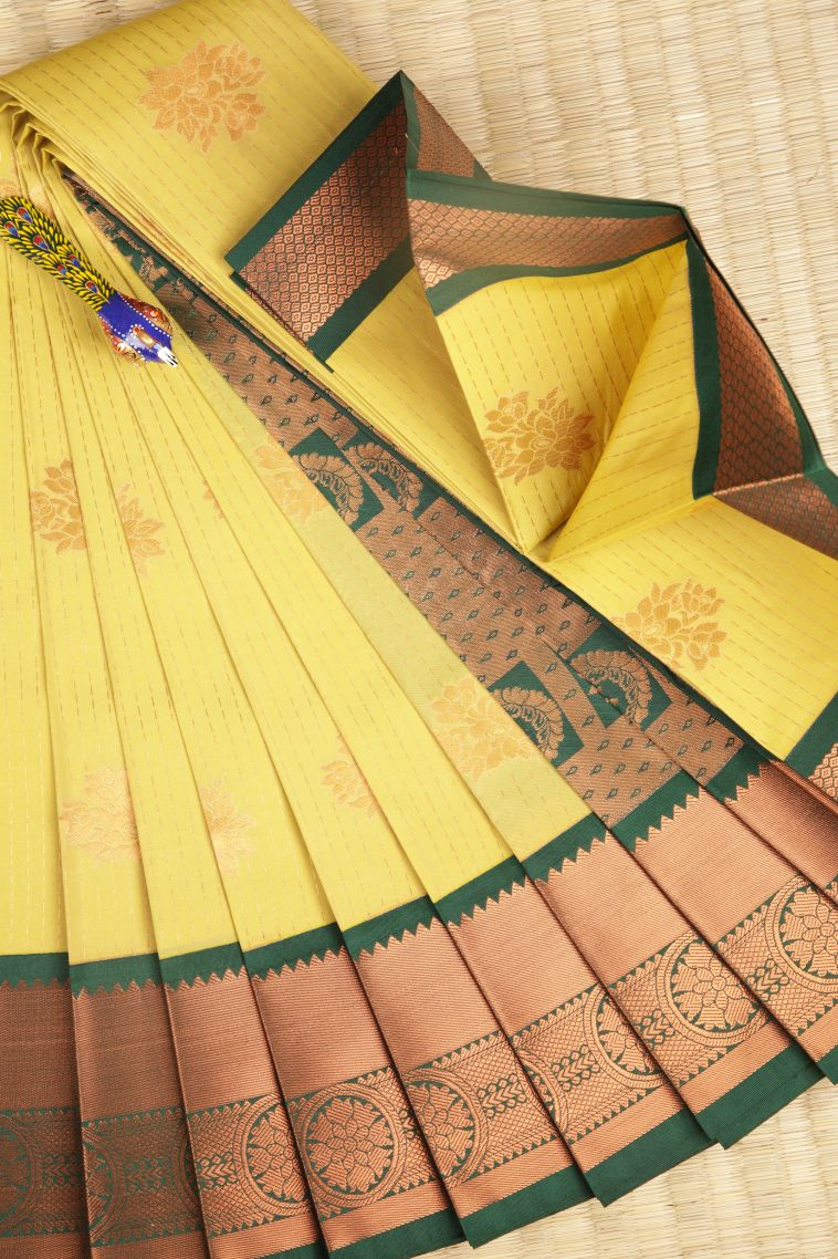 Lemon Yellow Visiri Madippu Silk Sarees with Copper Zari Stripes view 1