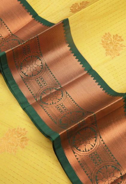 Lemon Yellow Visiri Madippu Silk Sarees with Copper Zari Stripes