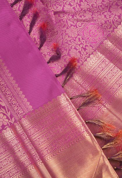 Magenta Purple Kanchipuram Silk Sarees with Gold Zari Floral Patterns