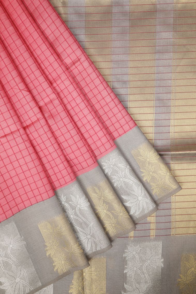 Ballet Pink Tussar Saree with Without Zari Zari Checks view 1