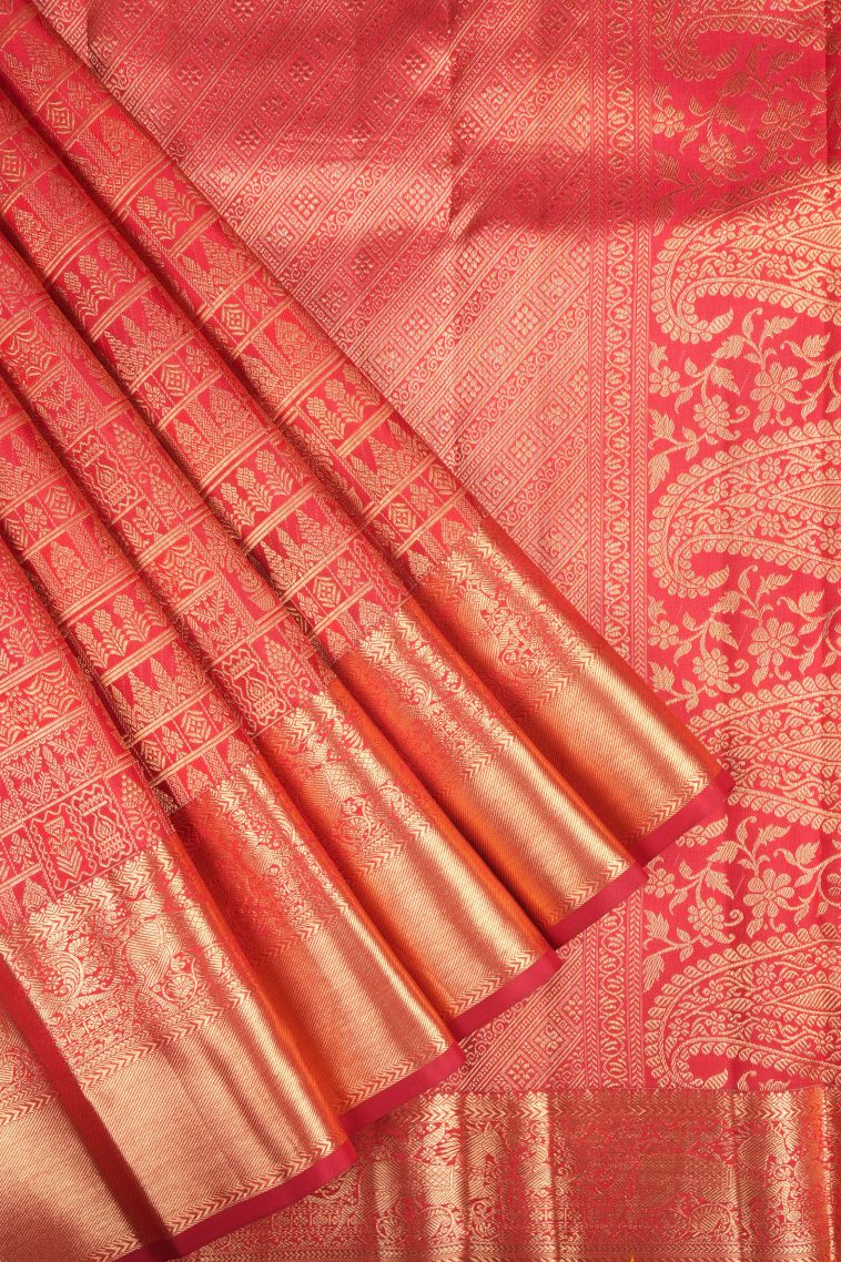 Candy Red Kanchipuram Silk Sarees with Gold Zari Floral Patterns view 1