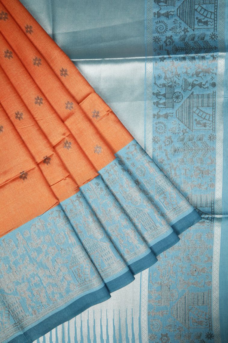 Amber Orange Tussar Saree with Bronze Zari Buttis (small Dots Or Motifs) view 1