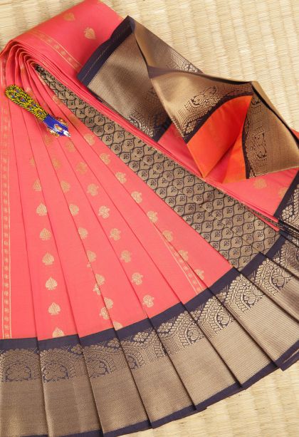 Peach Pink Visiri Madippu Silk Sarees with Copper Zari Stripes