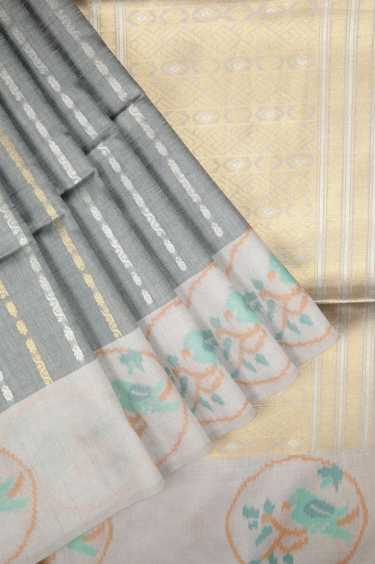 Slate Blue Tussar Saree with Gold And Silver Zari Stripes view 1