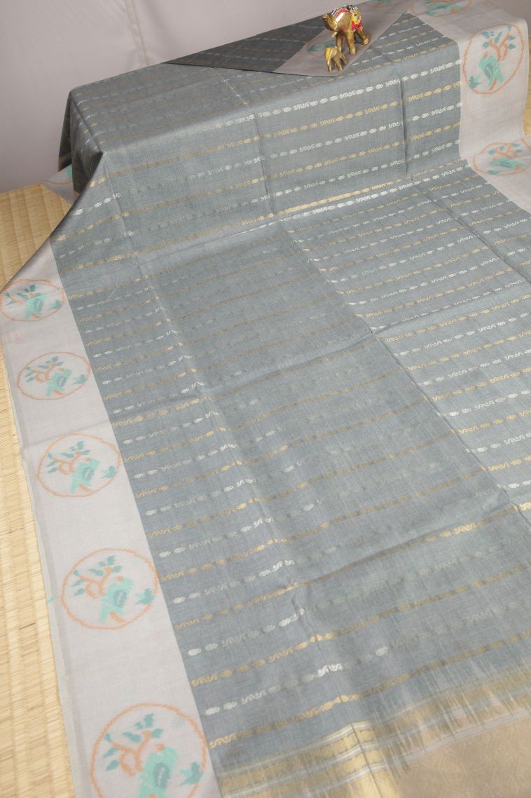 Slate Blue Tussar Saree with Gold And Silver Zari Stripes view 2