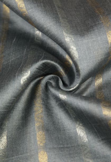 Slate Blue Tussar Saree with Gold And Silver Zari Stripes