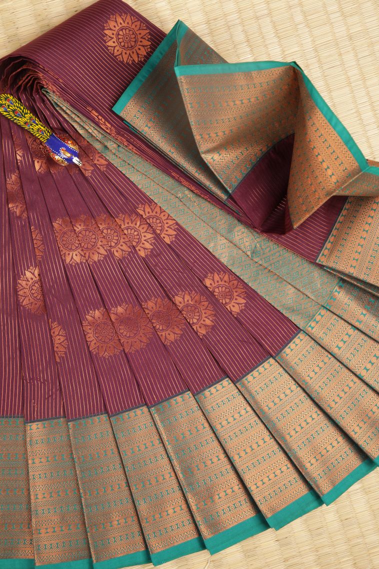 Jam Purple Visiri Madippu Silk Sarees with Copper Zari Stripes view 1