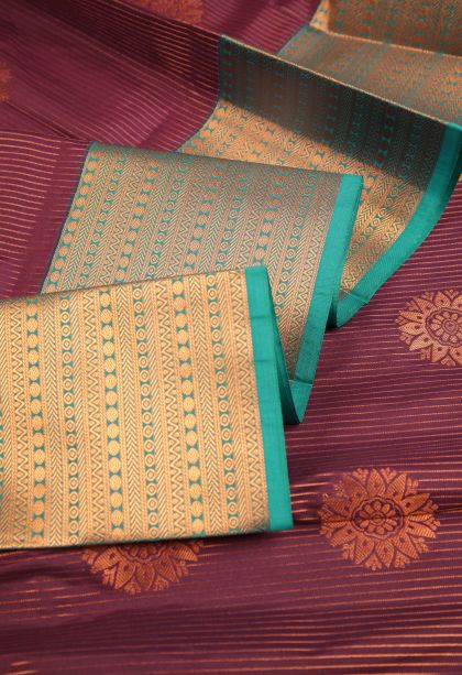 Jam Purple Visiri Madippu Silk Sarees with Copper Zari Stripes