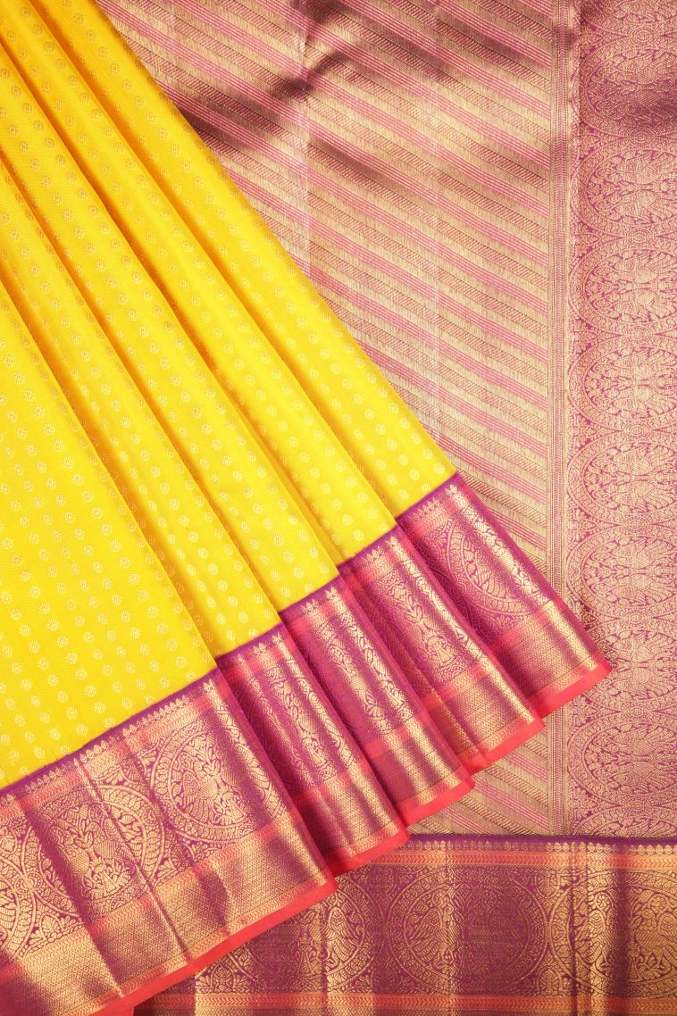 Lemon Yellow Kanchipuram Silk Sarees with Gold Zari Buttis (small Dots Or Motifs) view 1