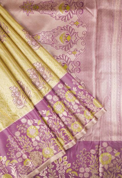 Gold Tissue Silk Sarees with Copper Zari Floral Patterns