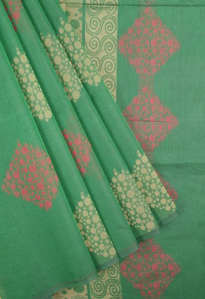 Emerald Green Kovai Cotton Sarees with Without Zari Zari Buttis (small Dots Or Motifs)