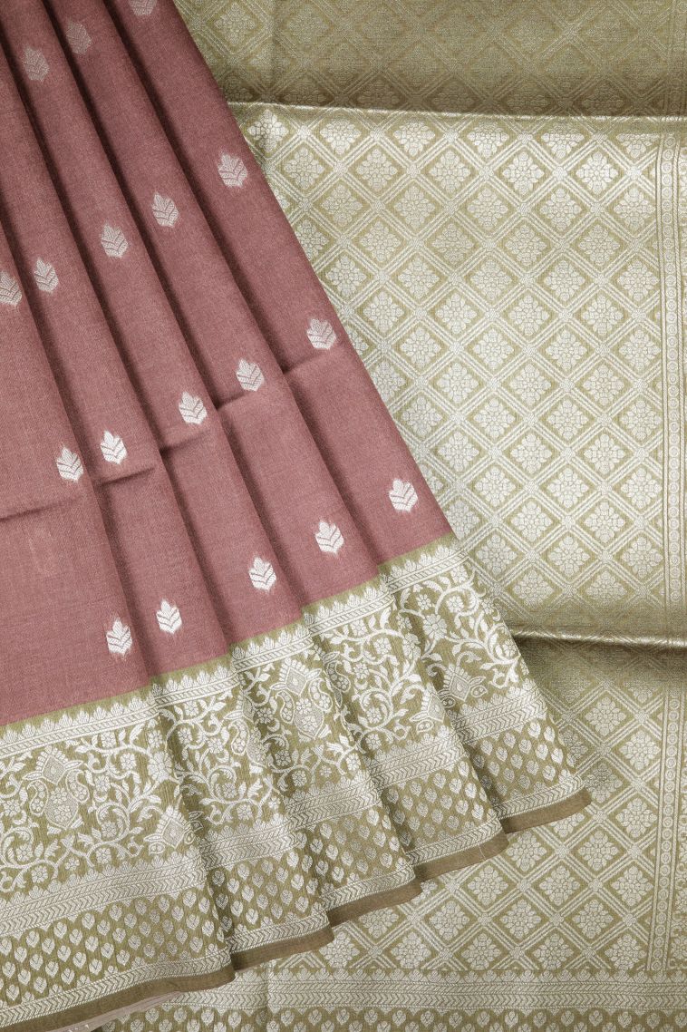 Tawny Brown Tussar Saree with Bronze Zari Buttis (small Dots Or Motifs) view 1