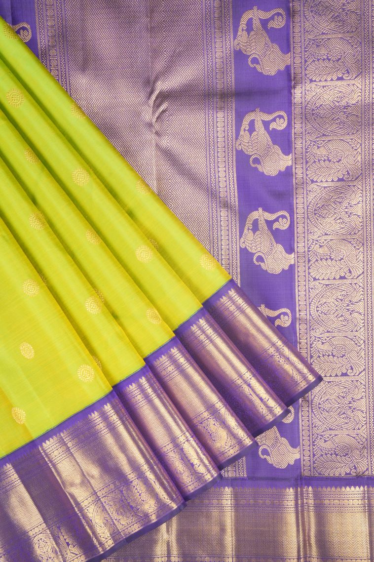 Chartreuse Green Kanchipuram Silk Sarees with Gold Zari Buttis (small Dots Or Motifs) view 1